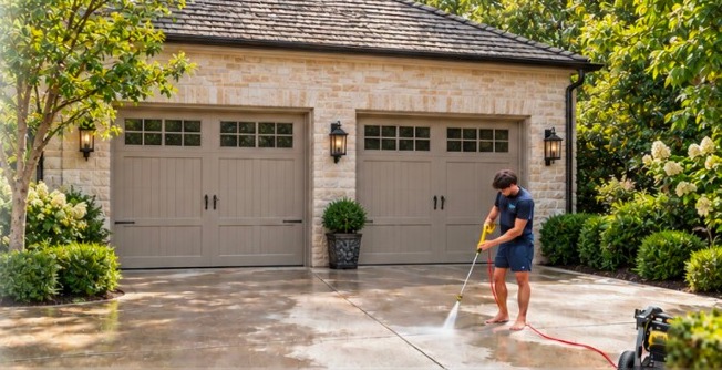 A driveway in front of a two-car garage being rinsed with a pressure washer