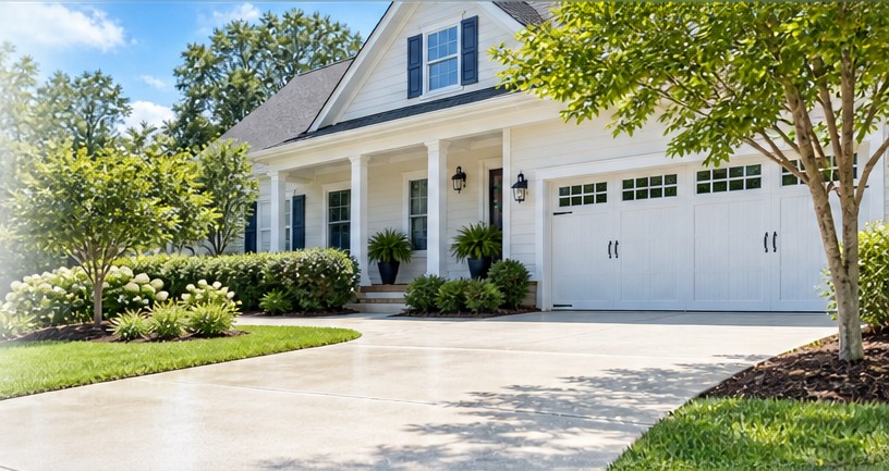 A white house with a clean, freshly washed concrete driveway and green landscaping