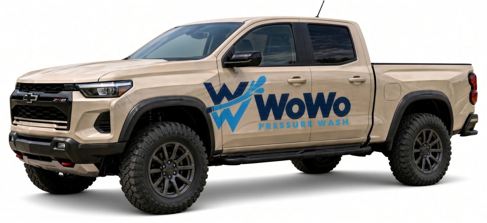 The WoWo Pressure Wash truck: a sand-colored Chevy Colorado ZR2 with the WoWo logo on the door